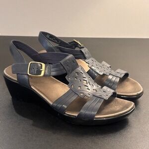 Clarks Bendables Ella Chamber Leather Sandals Navy Womens SZ 8W Comfort Summer